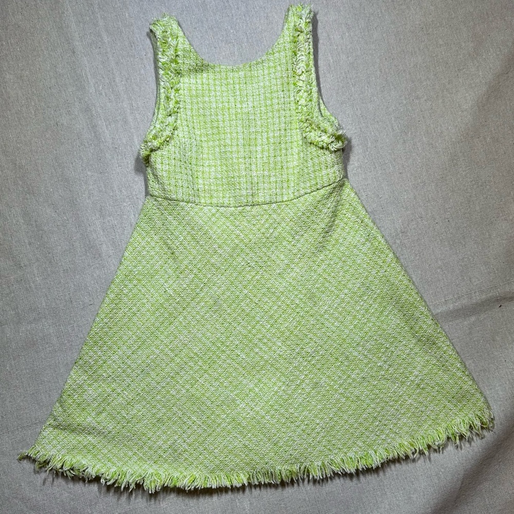 Zara A-line Dress Tweed Sleeveless Fringed Raw Hem Back Zip Green Girls Size 6